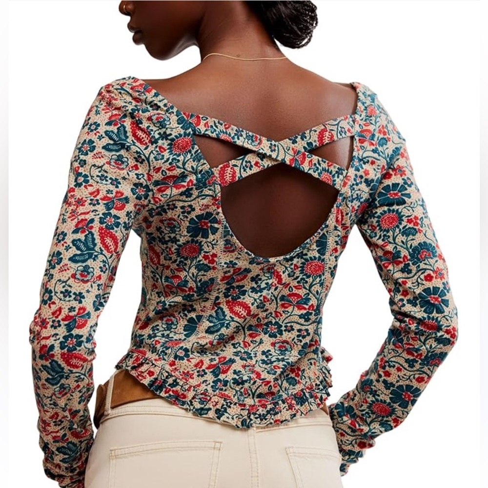Free People Blue and Red Fitted Long Sleeve Blouse